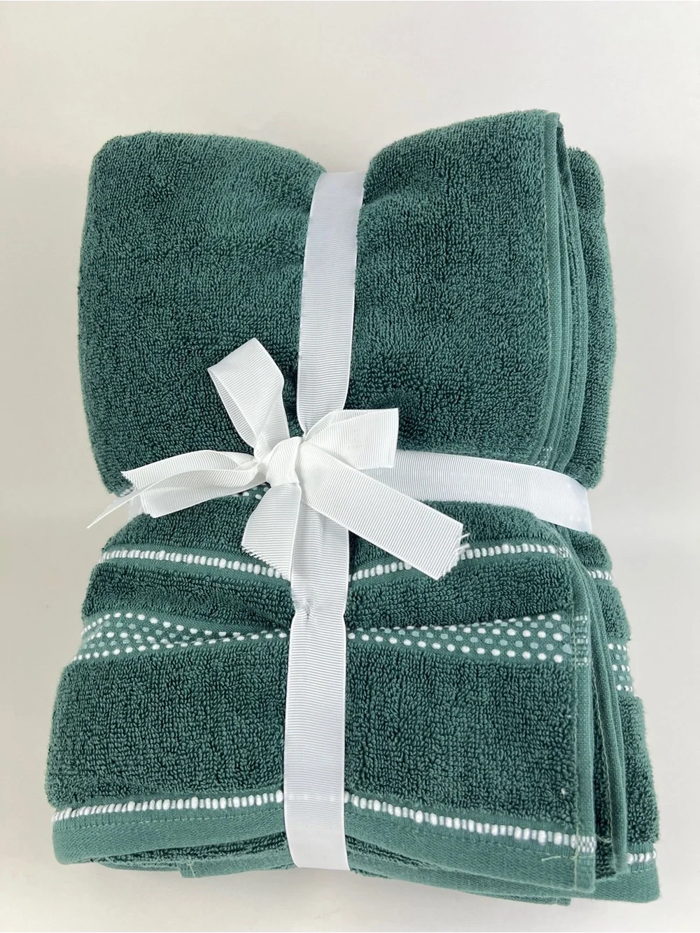 Common Thread Bath Towel Set Green White Quick Dry Low Twist Cotton 6 Pc NEW